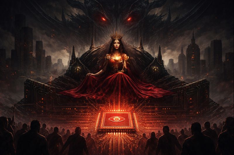 Ancient woman with a crown and red dress sitting on a throne with a dark, ominous cityscape backgrou.