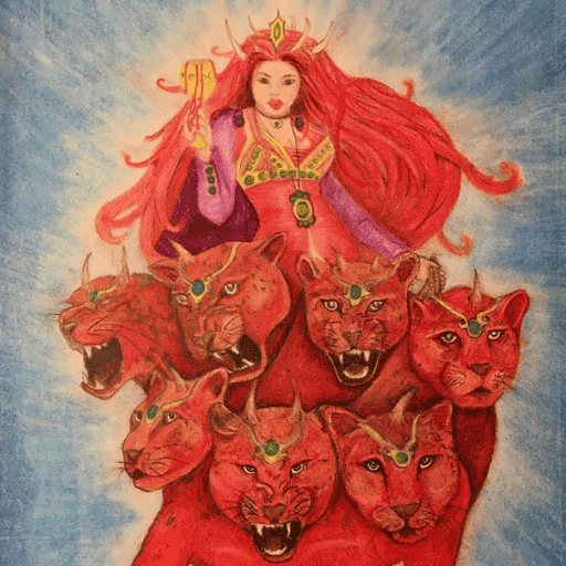Artistic depiction of a powerful red-haired woman with seven fierce tigers.
