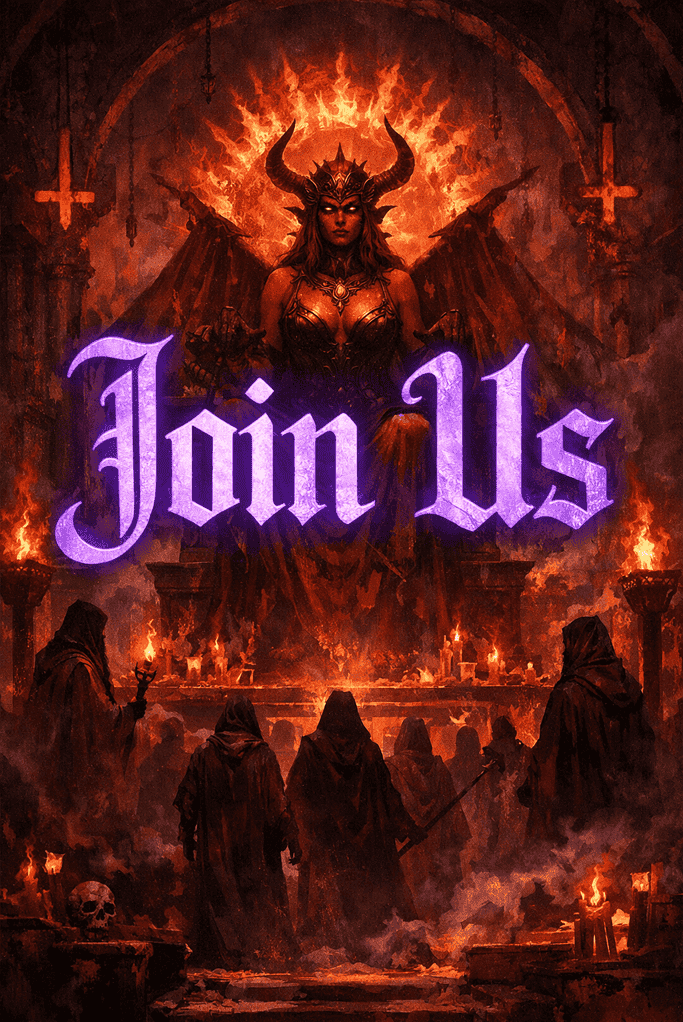 Dark fantasy artwork featuring a demonic figure with horns and fiery background, inviting viewers to.