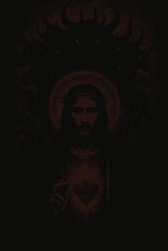 Dark depiction of Revelation 17 with ominous figures and symbolic imagery.