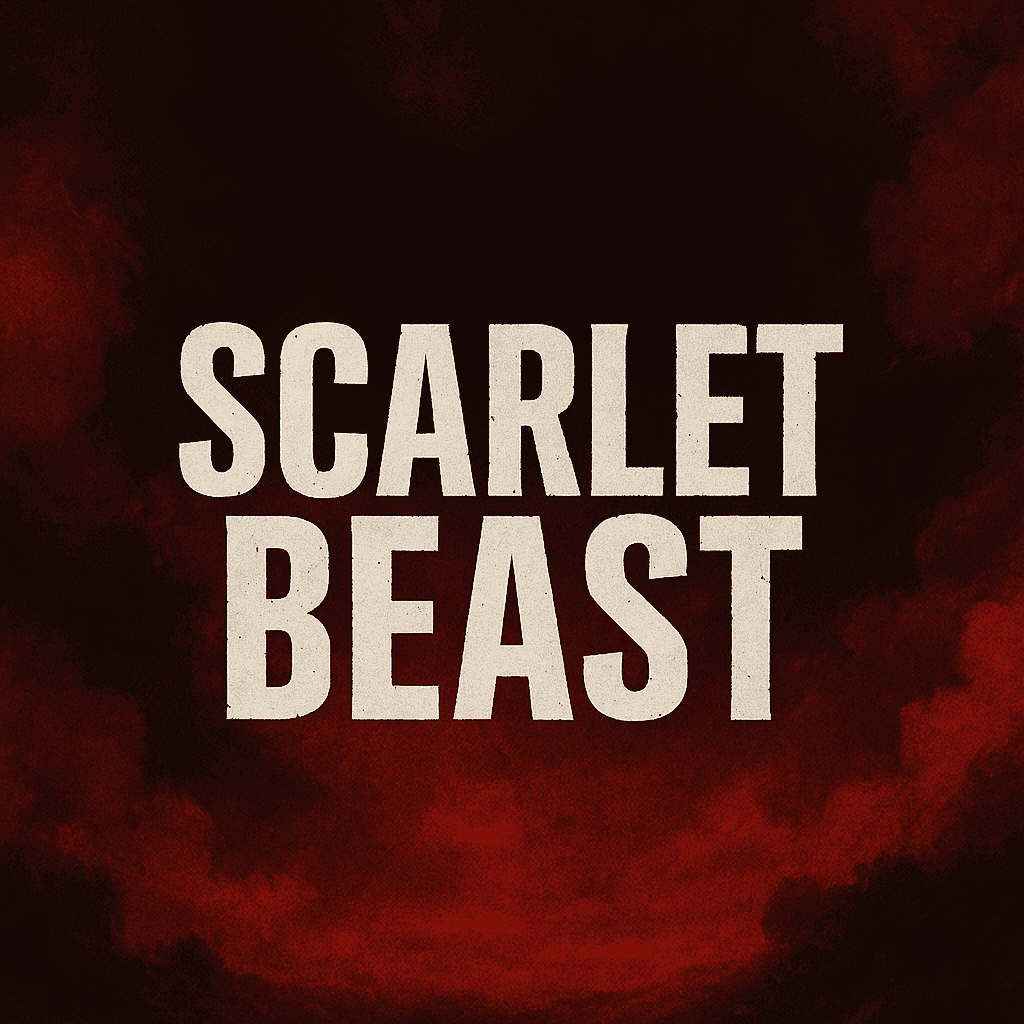 Scarlet Beast logo on dark red smoky background.