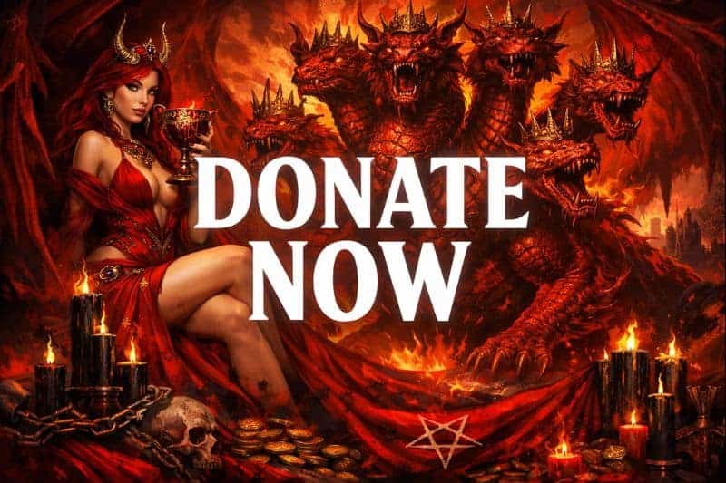 Fantasy art of a demon queen with dragons, promoting donations for Scarlet Beast project.