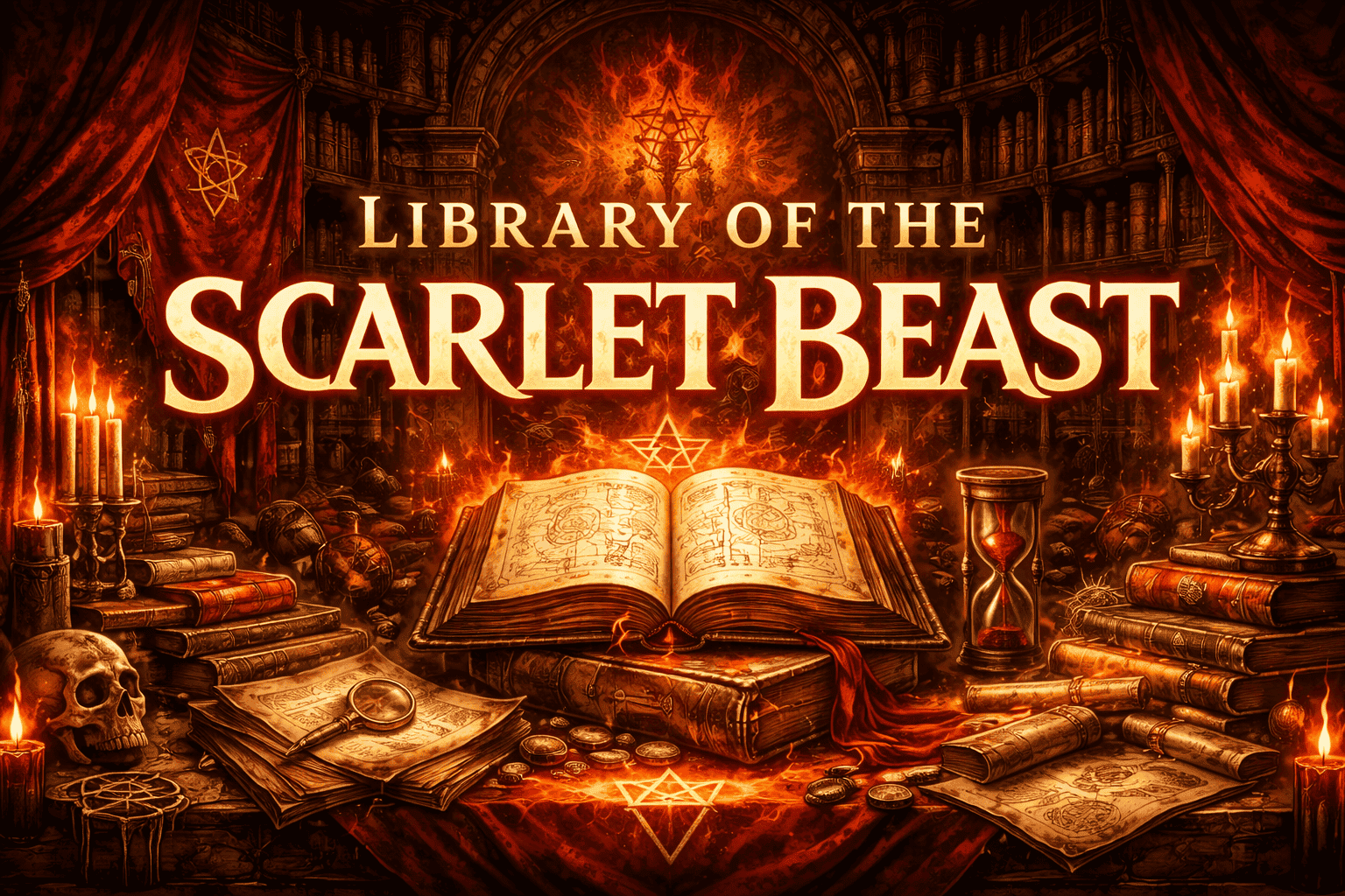 Mystical library with ancient books and glowing symbols from Scarlet Beast.