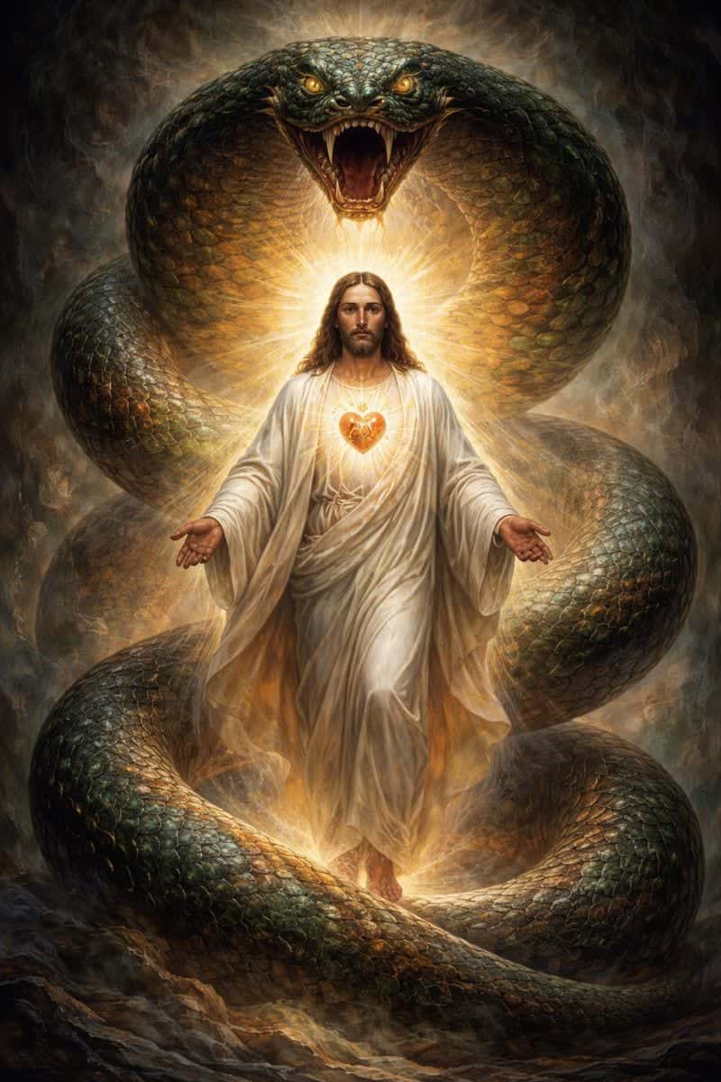 Jesus Christ surrounded by a giant serpent with glowing eyes.