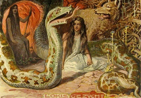 Enchantress with mythical beasts including a snake, lion, and dragon in a fantasy setting.
