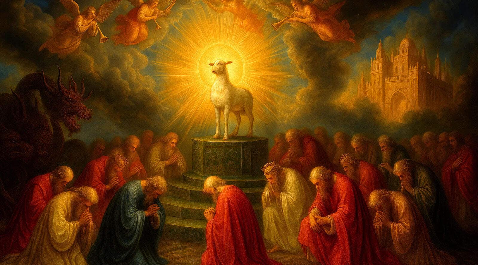 Religious artwork of a lamb with a radiant halo surrounded by praying figures.